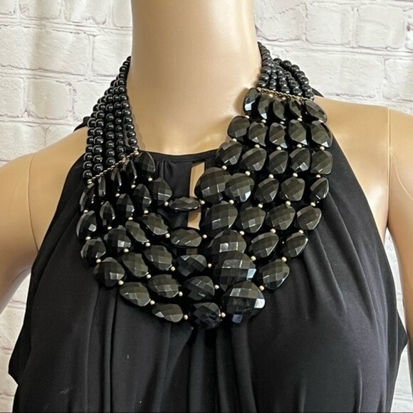 Natasha Multi Strand Black Beaded Bib Statement Necklace - Picture 2 of 7